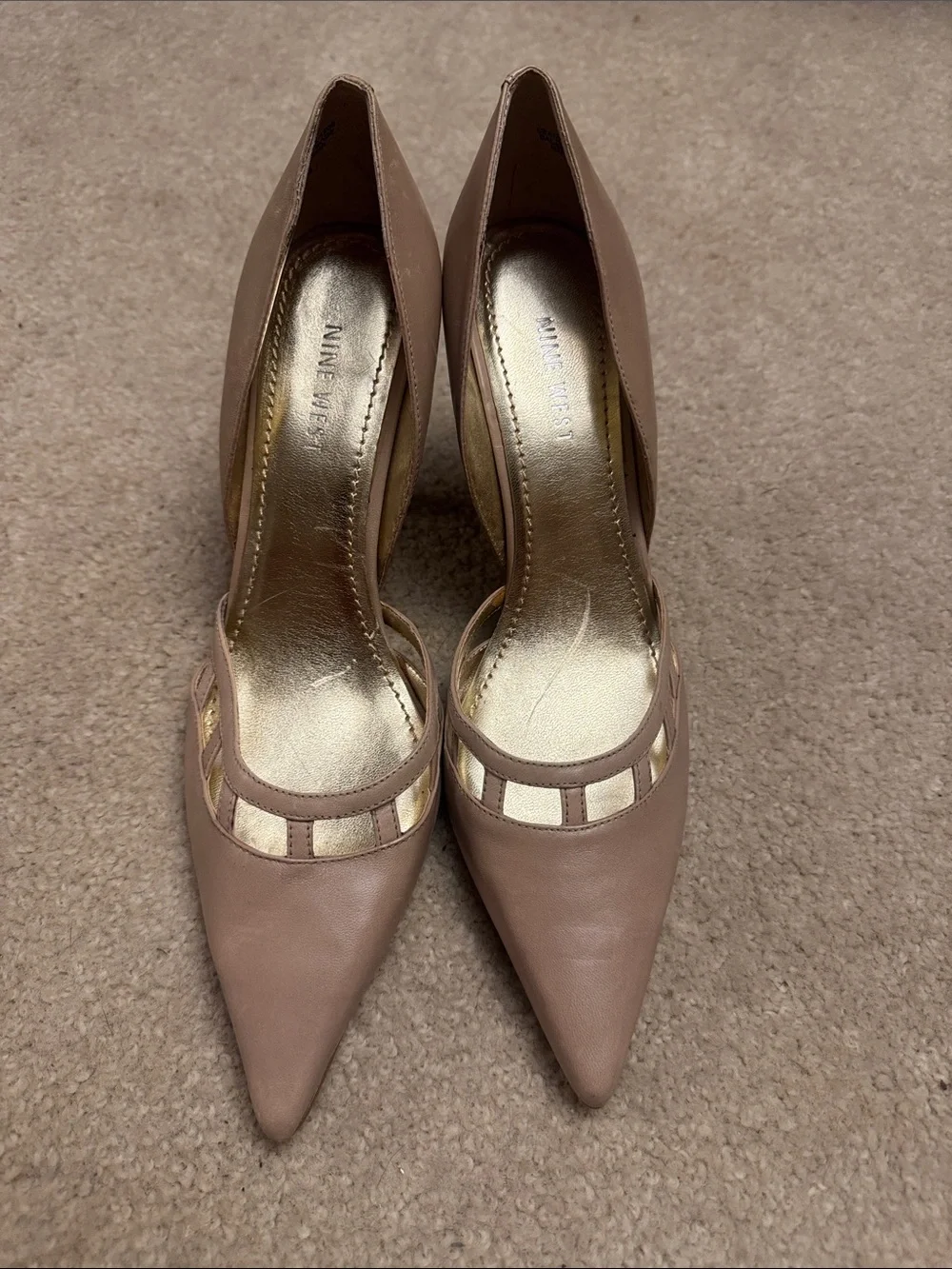 Nine West Dusty Taupe Pointed Toe Pumps with Gold Accents